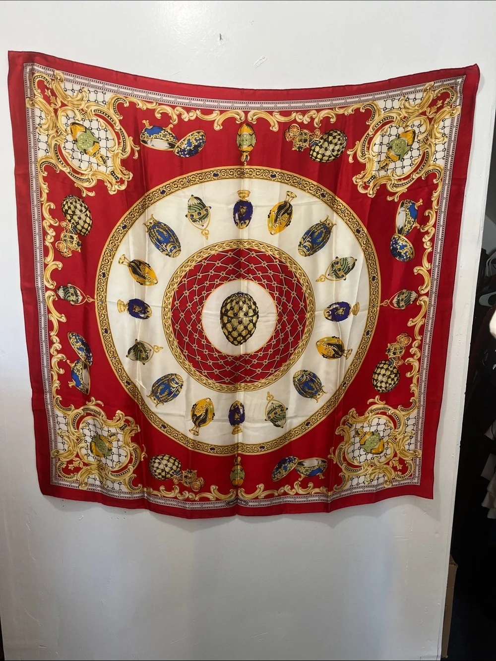 Decorative Red and Gold pure silk scarf - Picture 1 of 6